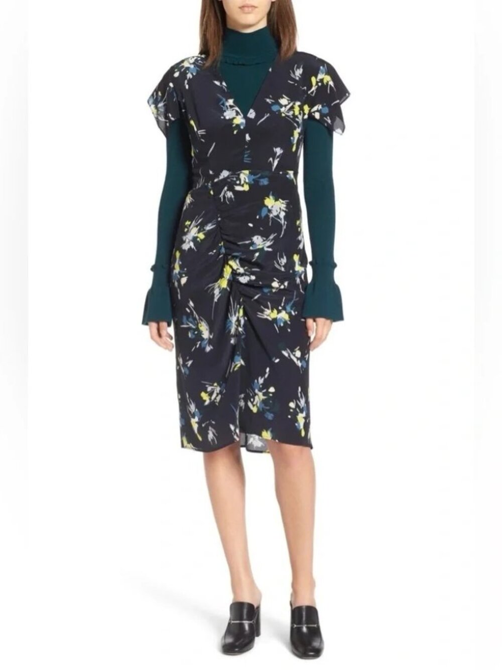 LEWIT FLORAL Print 100% Silk V-NECK Dress LW369734MI SZ 8